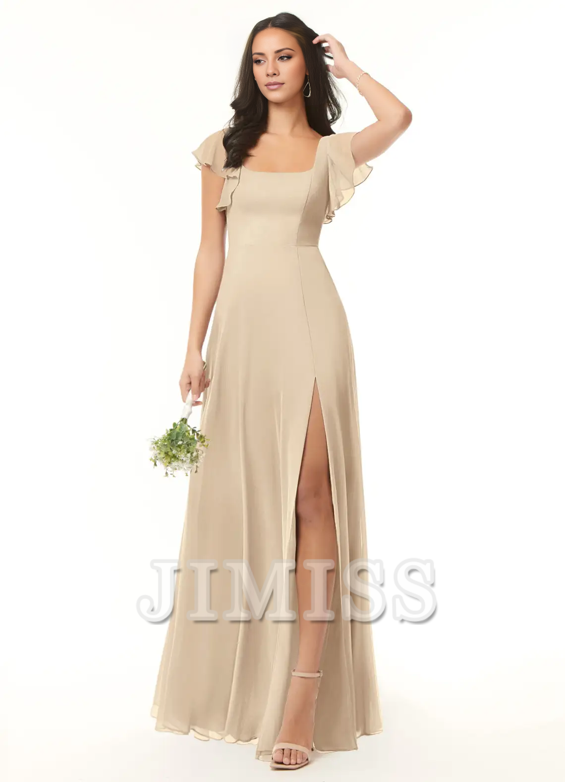 Abito da damigella d'onore lungo fino al pavimento, senza spalline, in chiffon plissettato a trapezio e senza schienale - Abito Jimiss