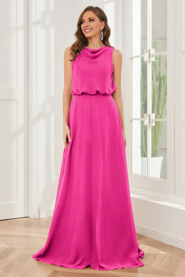 Vestido de dama de honor de gasa sin mangas con cuello de viento estilo pilar y largo hasta el suelo