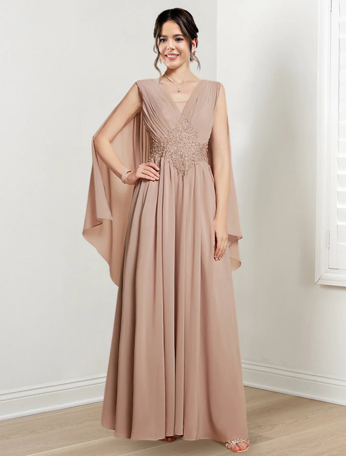 Blushing Pink Chiffon A-Line Floor-Length V-Neck Evening Dress
