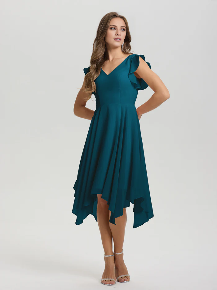 Lotus leaf edge sleeve V-neck asymmetrical tea long chiffon tea long bridesmaid dress