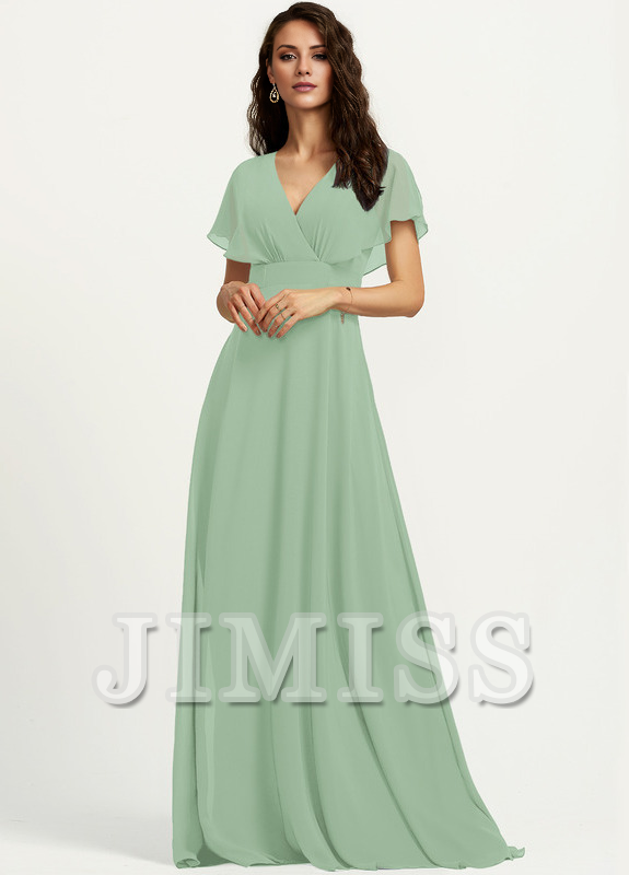 Abito da damigella d'onore in chiffon lungo fino al pavimento, con scollo a V e linea ad A