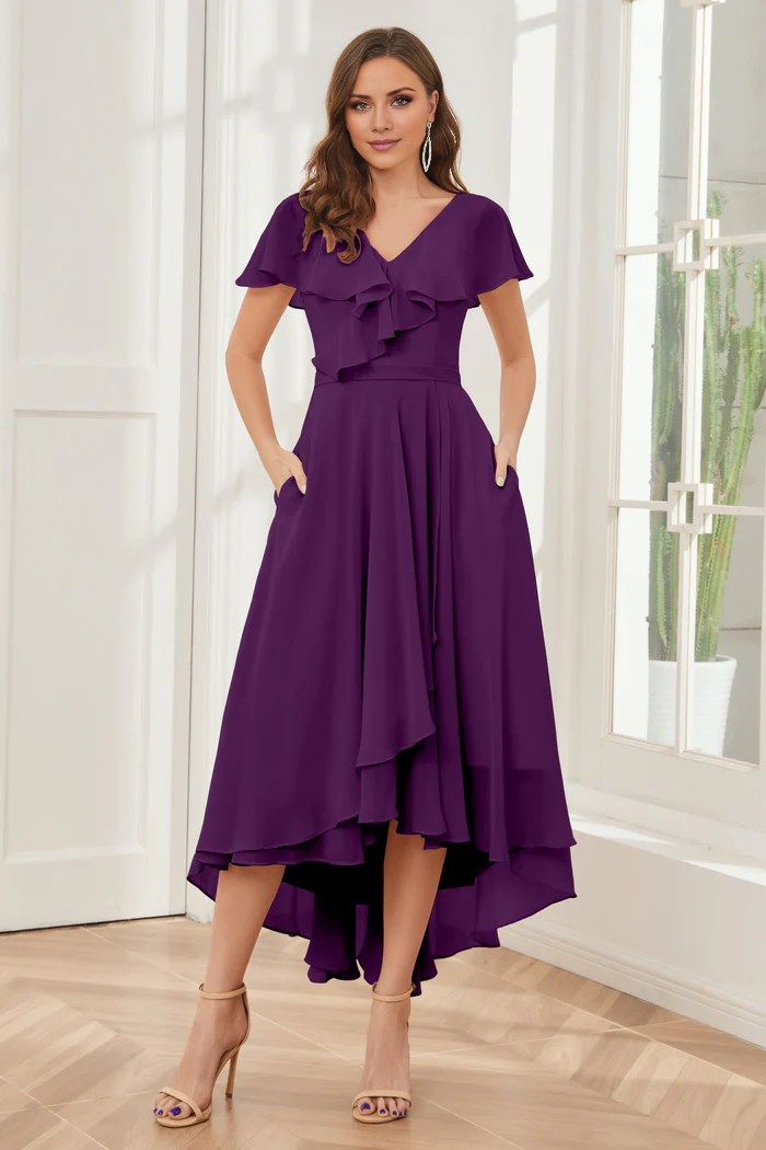 V-neck high-low short sleeved tea long bridesmaid dress