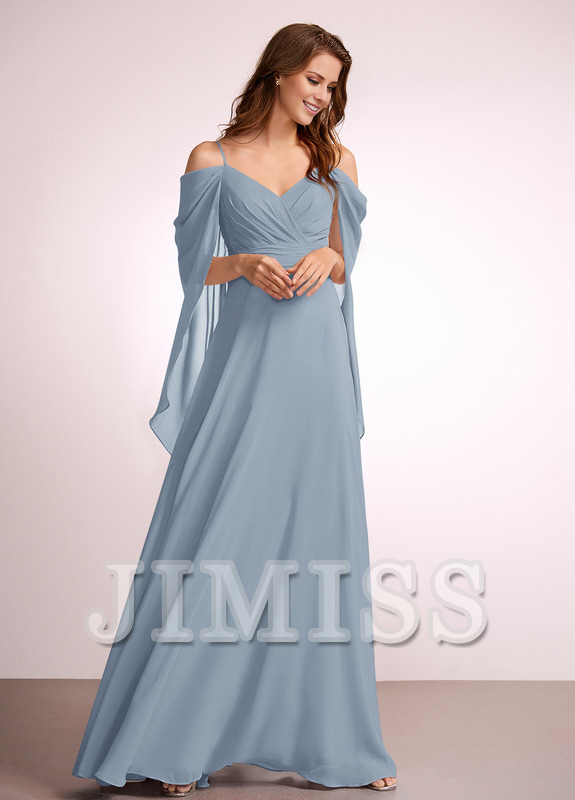 Dusty Rose Chiffon A-Line Floor-Length Bridesmaid Dress with Draped V-Neck Bodice and Off-the-Shoulder Sleeves