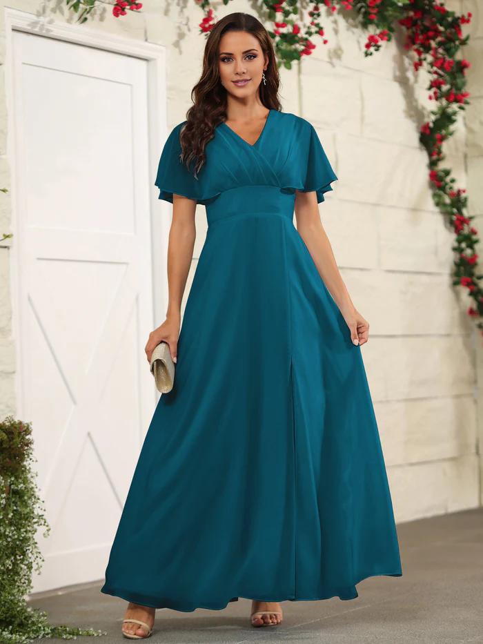 Chiffon short sleeved V-neck slit and floor length bridesmaid dress