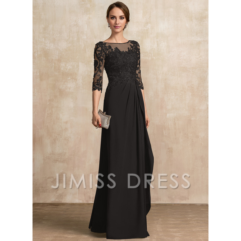 Jimiss A-shaped Scoop Illusion floor mopping chiffon lace ribbon bead sequins layered ruffles mother of the bride dress