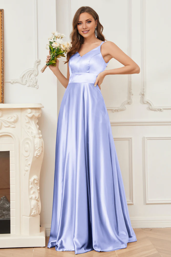 Vestido de dama de honor de satén suave, escote en V y tirantes finos hasta el suelo