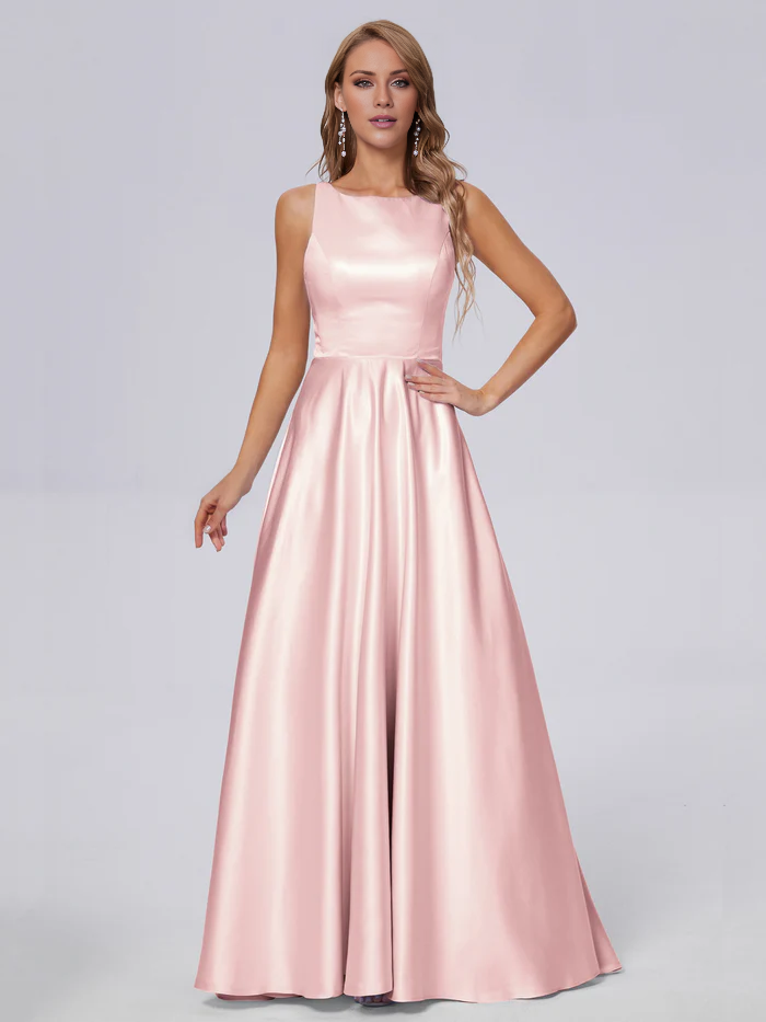 Sleeveless satin long and floor length bridesmaid dress