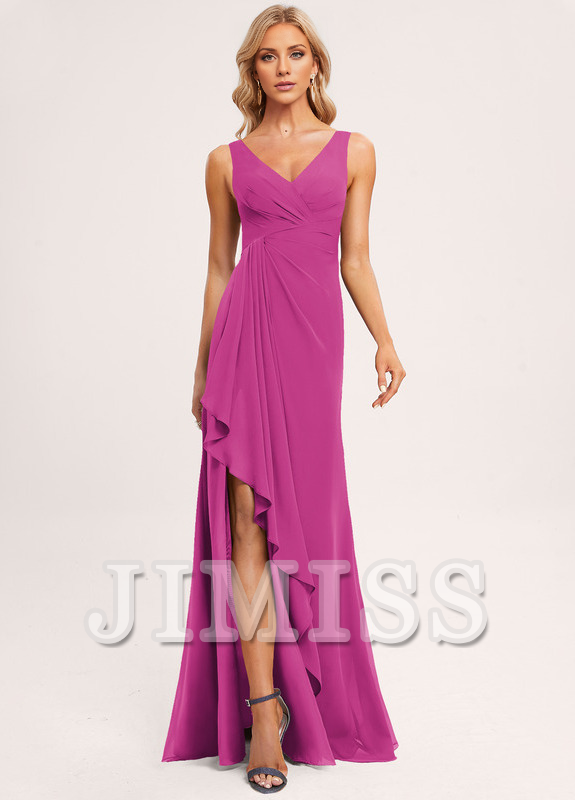 Vestido de dama de honor de gasa con volantes, escote en V y largo hasta el suelo