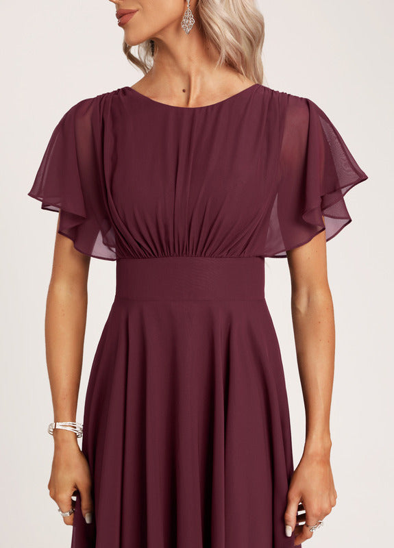 Vestido de dama de honor asimétrico de gasa con volantes, corte A y cuchara