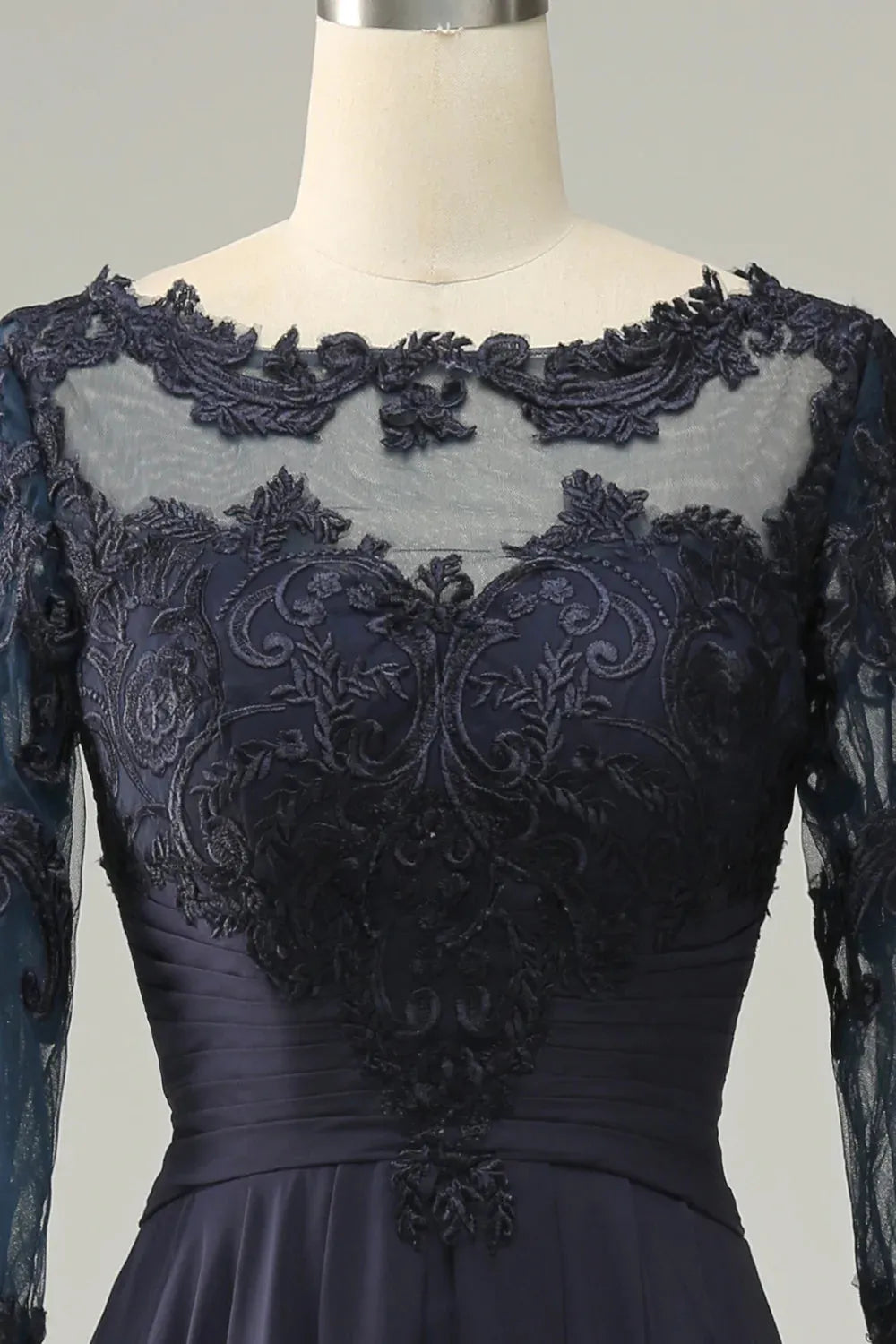 Dark Navy Chiffon A-Line Tea-Length Evening Dress - Lace Bodice & Illusion Neck