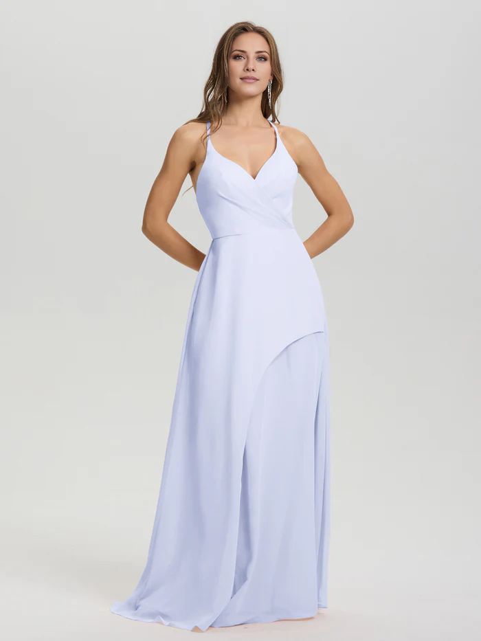 Shoulder strap V-neck backless long chiffon formal and floor length Bridesmaid dresses
