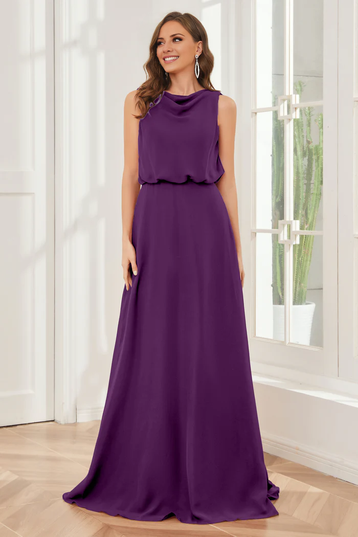 Vestido de dama de honor de gasa sin mangas con cuello de viento estilo pilar y largo hasta el suelo