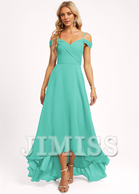 Dusty Blue Chiffon A-Line Asymmetrical Sweetheart Dress with Draped Bodice and High-Low Ruffled Hem