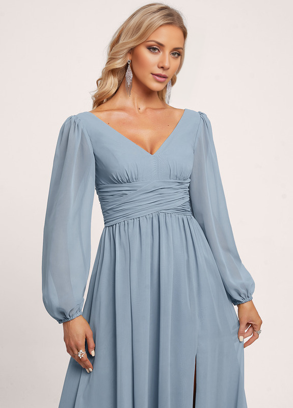 Vestido de dama de honor de gasa con volantes, escote en V y largo hasta el suelo