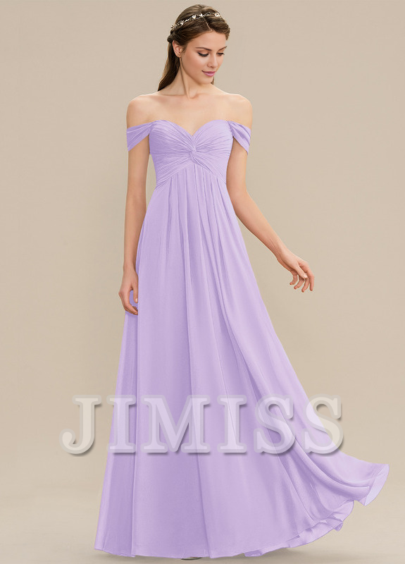 Vestido de dama de honor de gasa con volantes, corte A, hombros descubiertos y largo hasta el suelo