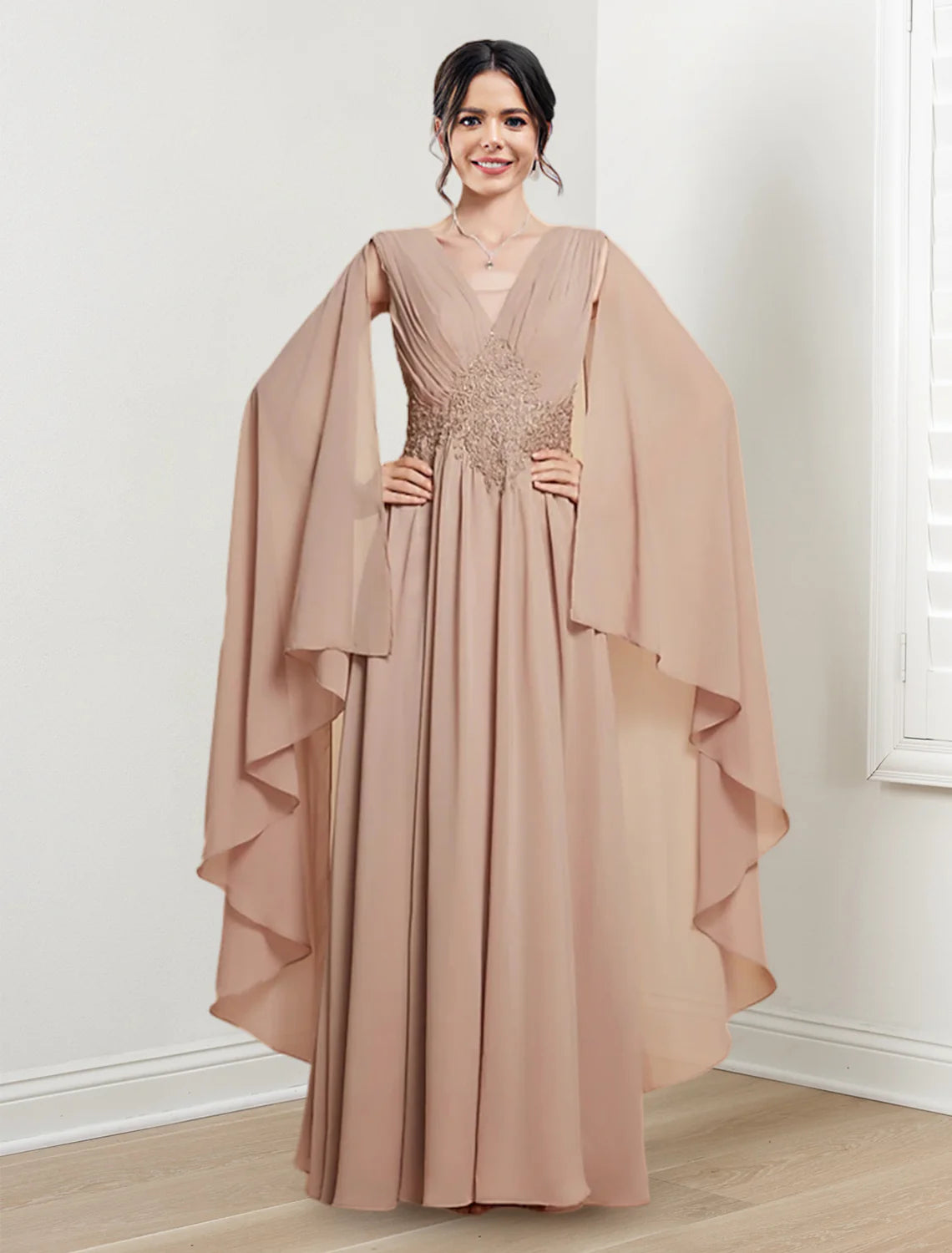 Blushing Pink Chiffon A-Line Floor-Length V-Neck Evening Dress