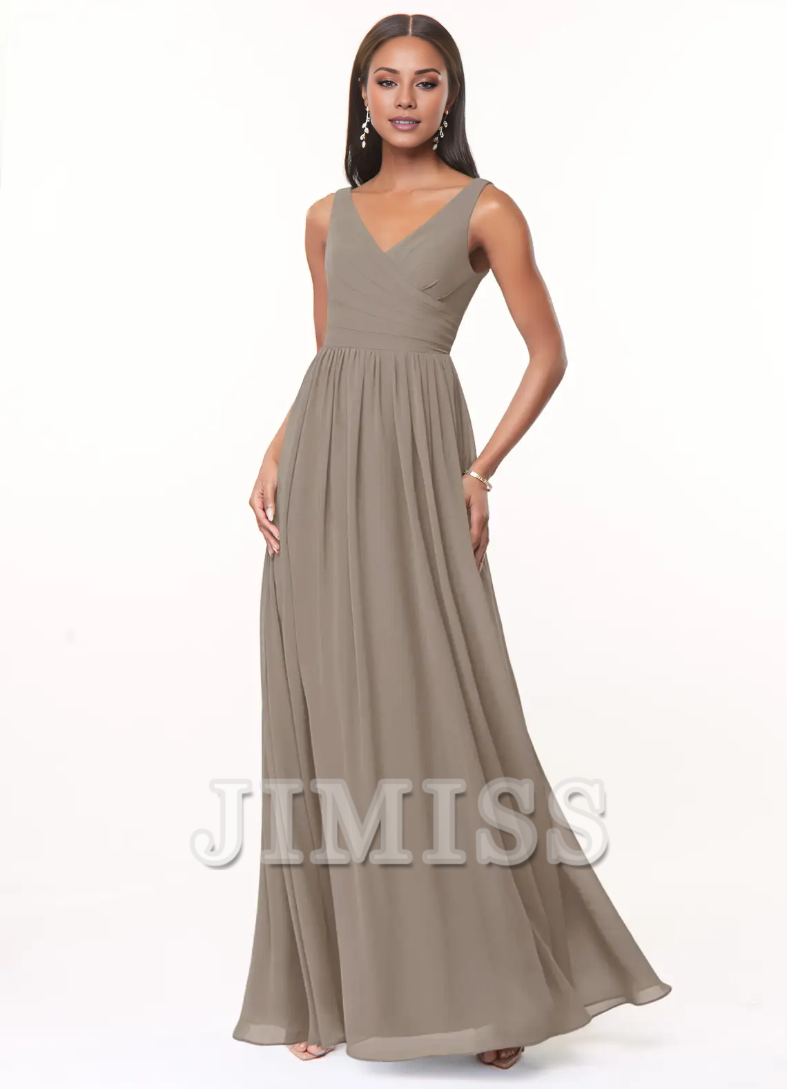 Vestido de dama de honor de gasa plisada con escote en V y corte A hasta el suelo - Vestido Jimiss 