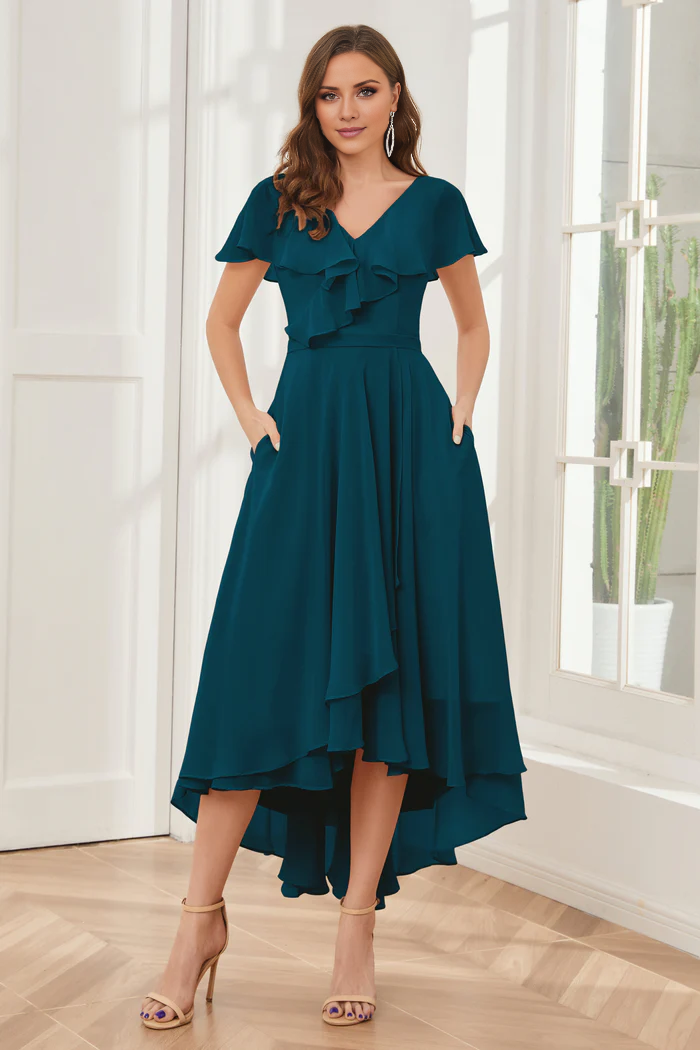 V-neck high-low short sleeved tea long bridesmaid dress