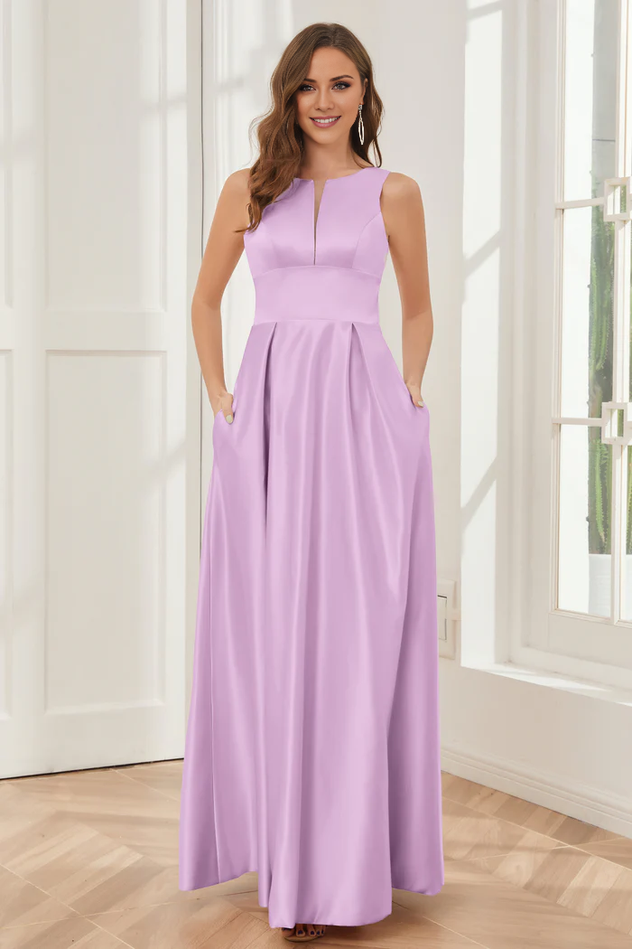 Abito da damigella d'onore a trapezio, senza maniche, in raso, lungo fino al pavimento