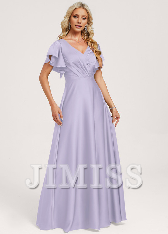 Vestido de dama de honor de satén con volantes, escote en V y largo hasta el suelo