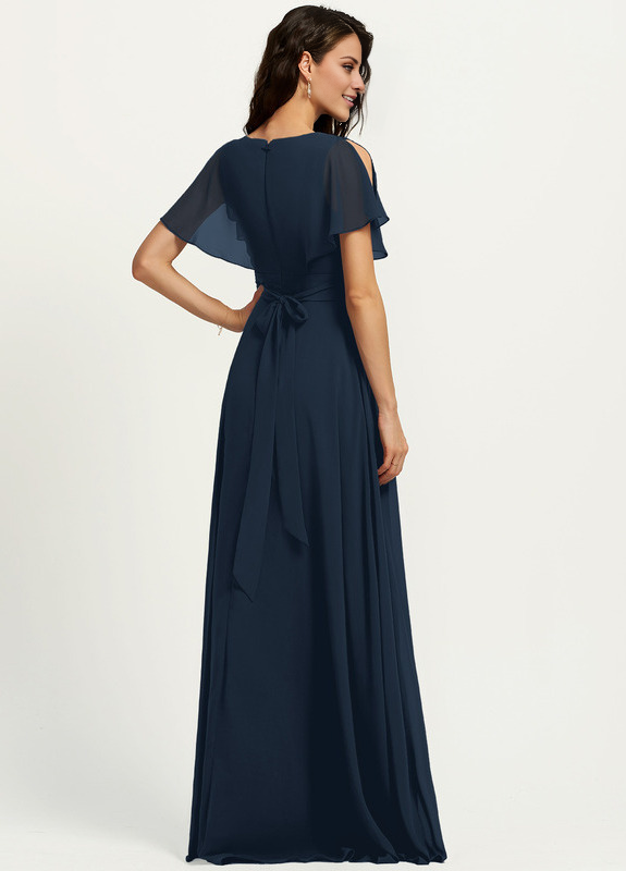 Abito da damigella d'onore in chiffon lungo fino al pavimento, con scollo a V e linea ad A