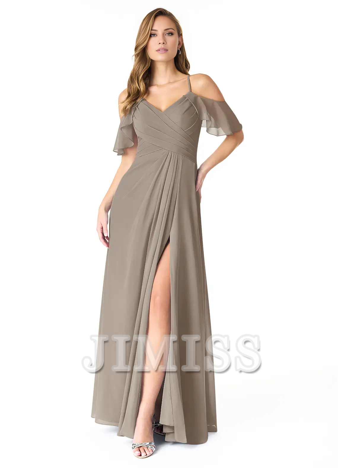 Vestido de dama de honor de gasa plisada con escote en V, corte A, abertura lateral y largo hasta el suelo - Vestido Jimiss 