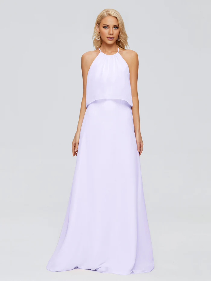 Vestido de dama de honor largo hasta el suelo en gasa con escote halter