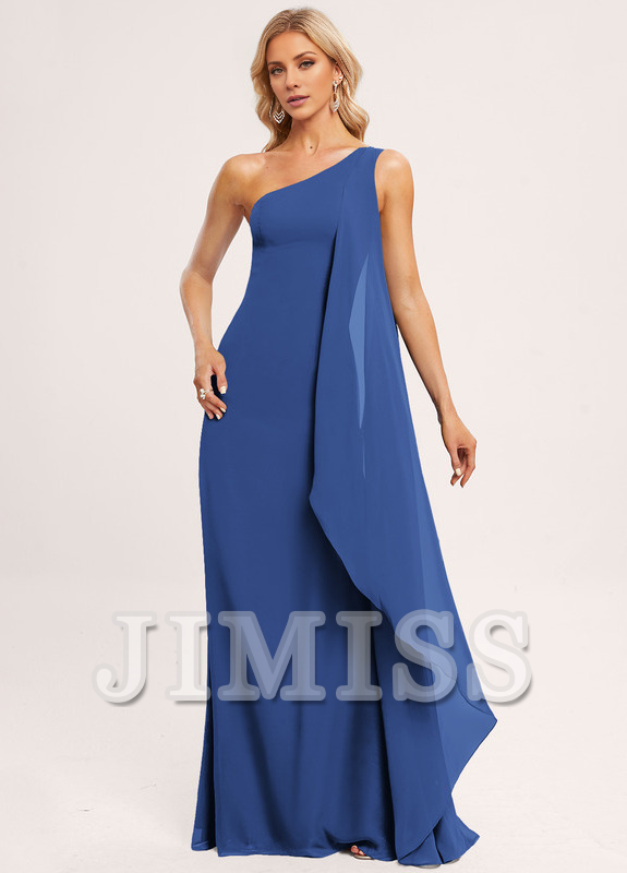 Vestido de dama de honor de gasa con volantes, corte A, un hombro al aire y largo hasta el suelo