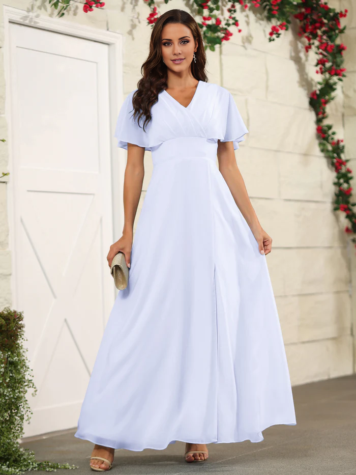 Chiffon short sleeved V-neck slit and floor length bridesmaid dress