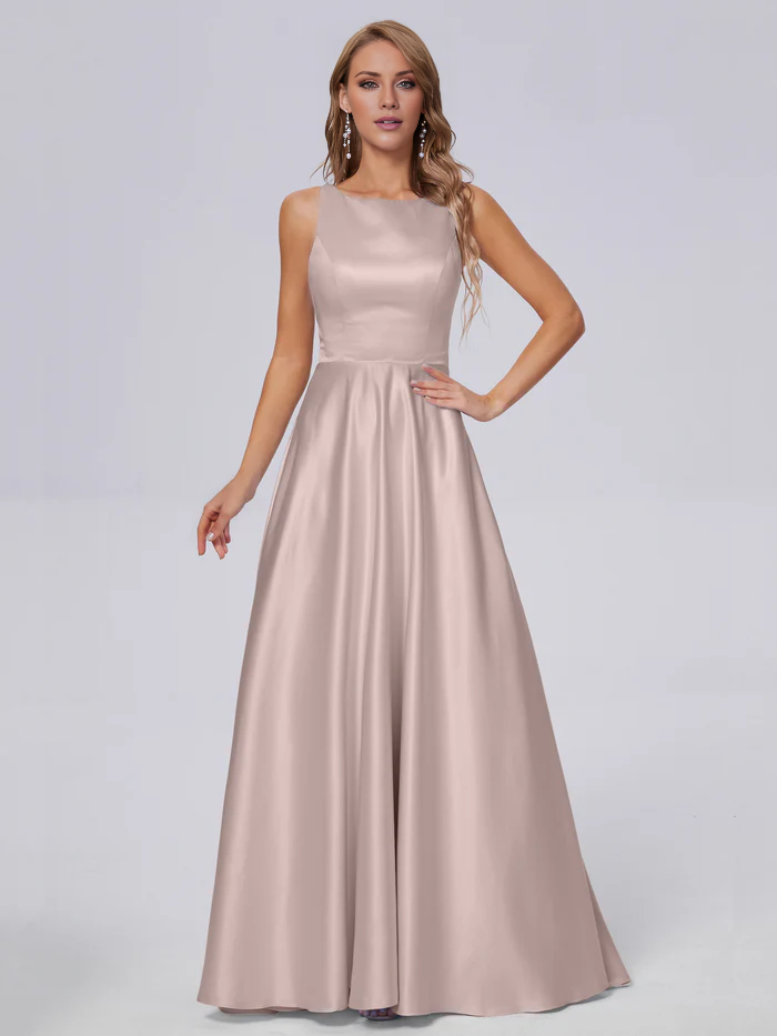 Sleeveless satin long and floor length bridesmaid dress