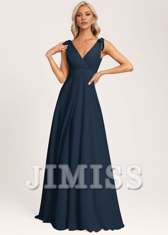 Vestido de dama de honor con escote en V y lazo de gasa en el fondo