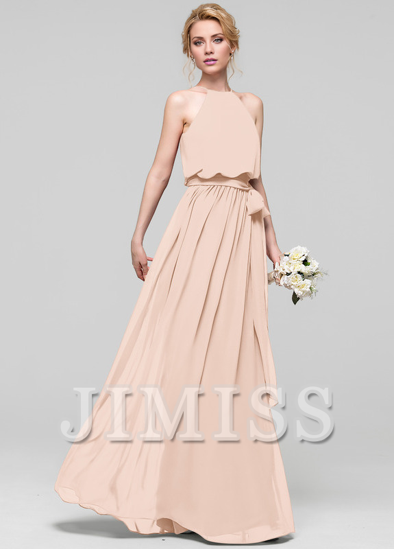 Burgundy Chiffon A-Line Halter Backless Bridesmaid Dress