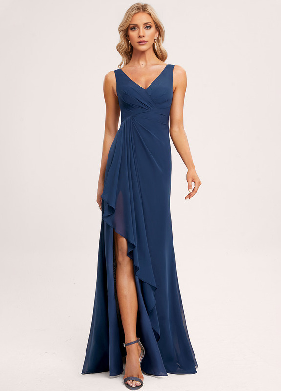 Ruffled A-line V-neck Floor-length Chiffon Bridesmaids Dress