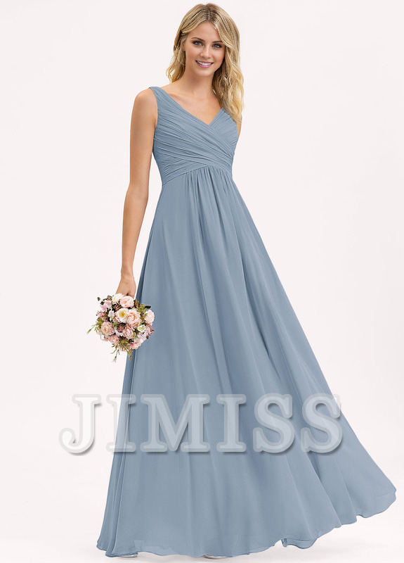 Abito da damigella d'onore in chiffon plissettato, lungo fino al pavimento, con scollo a V e linea ad A