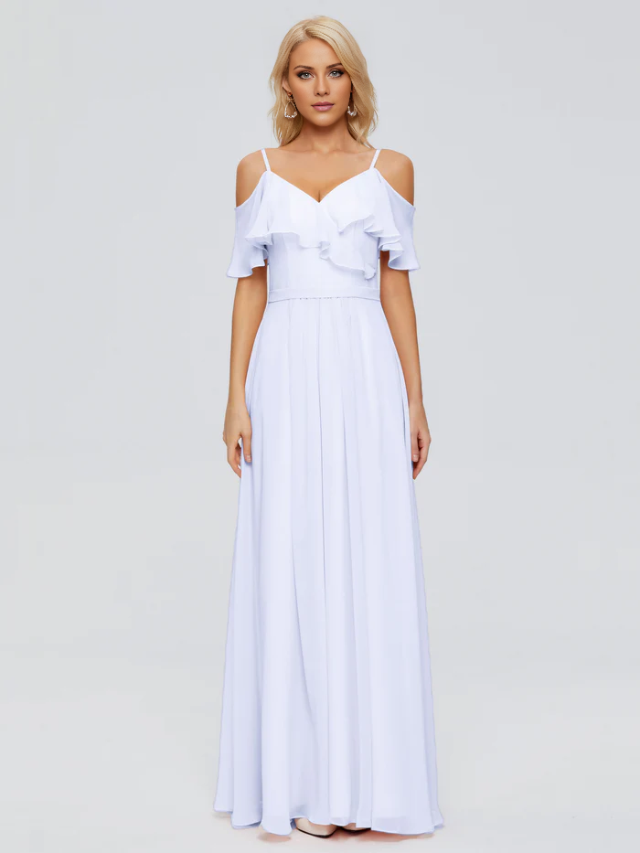 Vestido de dama de honor largo hasta el suelo de gasa con volantes y tirantes finos