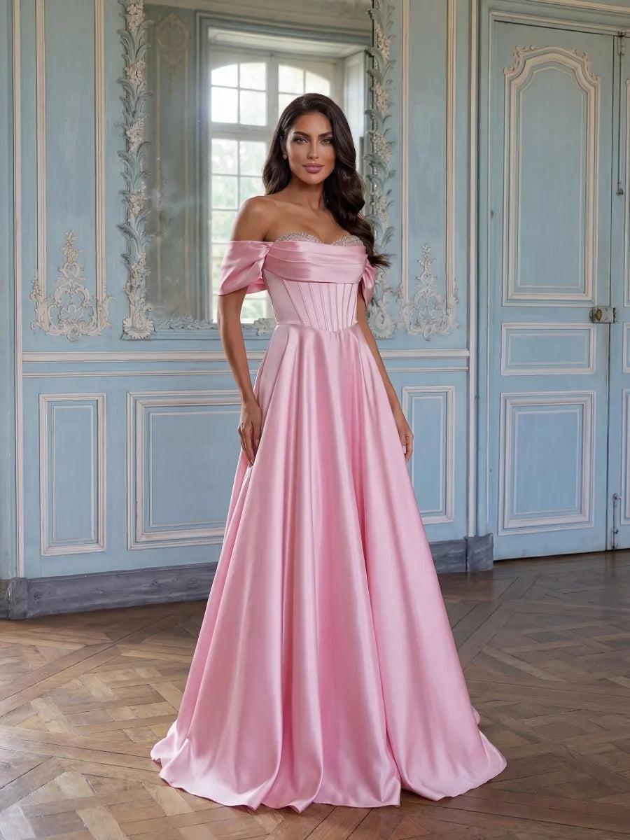 Elegant A-line Off Shoulder Short Sleeve Corset Back Long Prom Dress