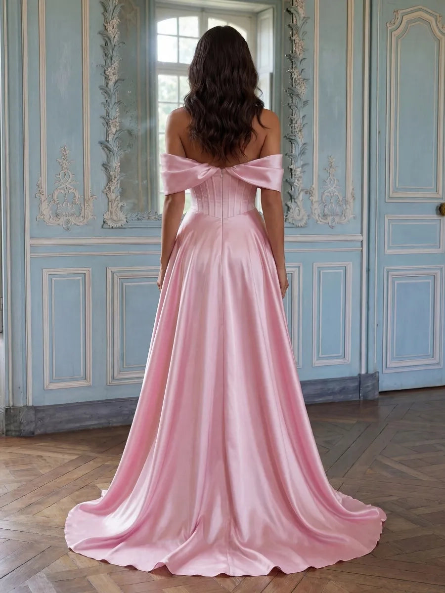 Elegant A-line Off Shoulder Short Sleeve Corset Back Long Prom Dress