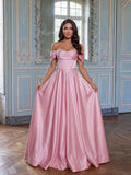 Elegant A-line Off Shoulder Short Sleeve Corset Back Long Prom Dress