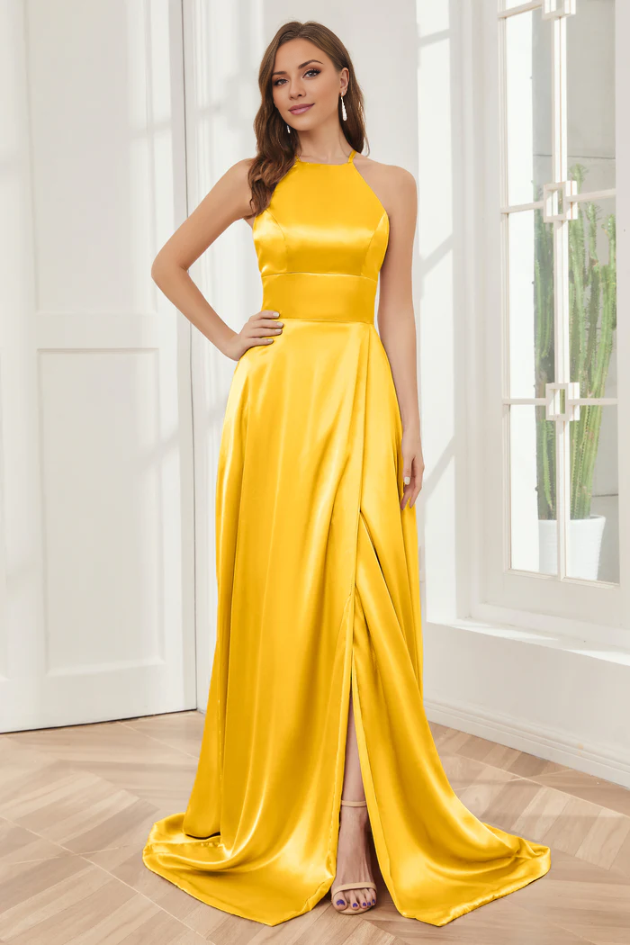 Vestido de dama de honor largo hasta el suelo de satén suave con escote de columna