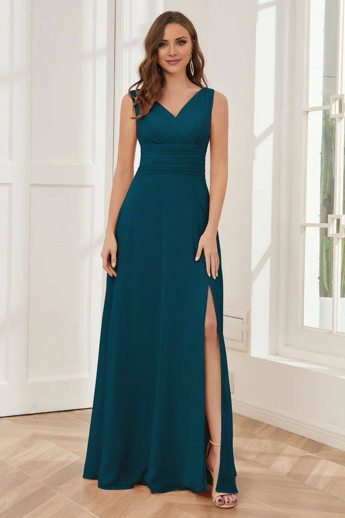 Vestido de dama de honor largo hasta el suelo, de gasa, sin mangas, con escote en V y abertura lateral