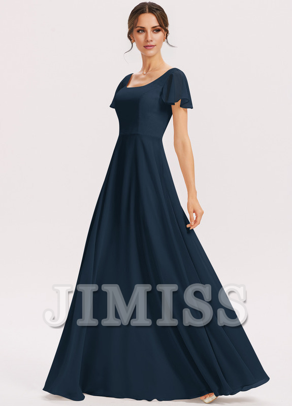 Vestido de dama de honor de gasa con volantes escalonados, corte A, cuadrado, largo hasta el suelo