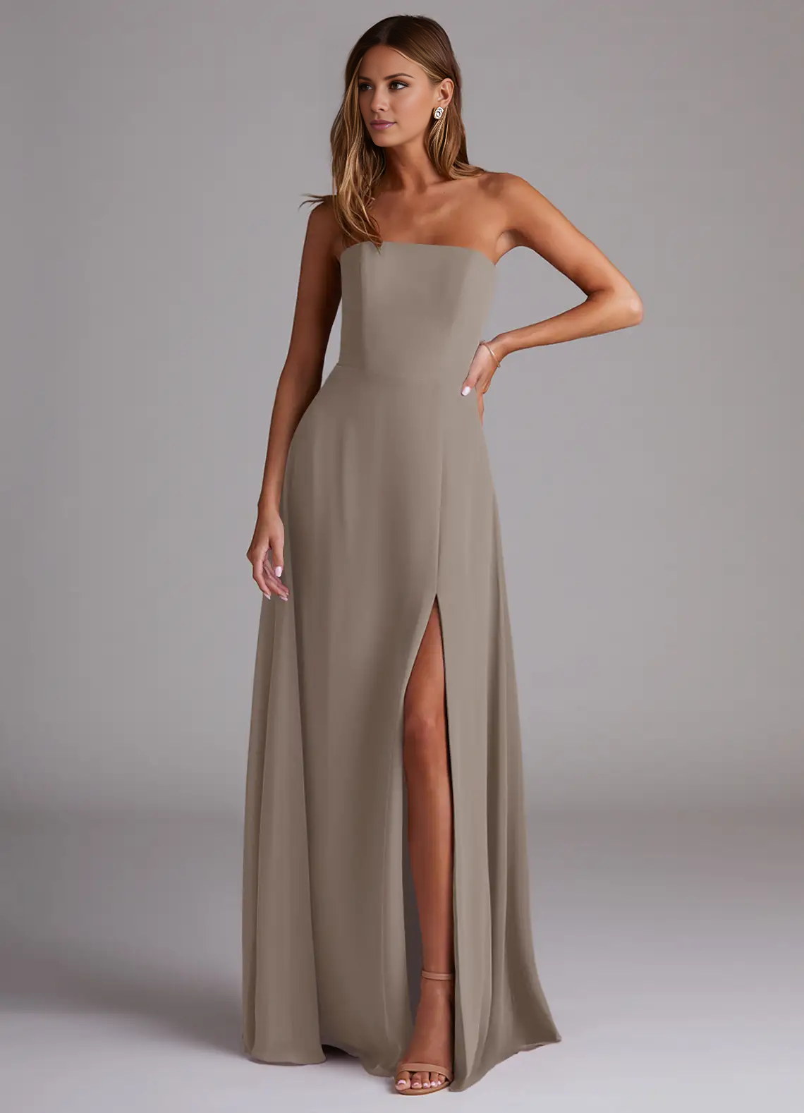 Abito da damigella d'onore a trapezio con spacco laterale in chiffon e cucitura laterale, lunghezza al pavimento - Abito Jimiss 