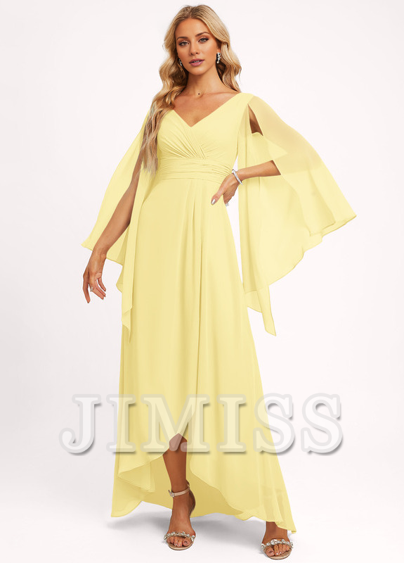 Vestido de dama de honor asimétrico de gasa con escote en V y volantes en forma de A