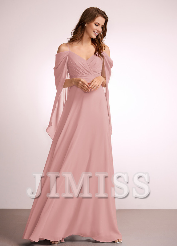 Abito da damigella d'onore in chiffon lungo fino a terra, con spalle scoperte e linea ad A