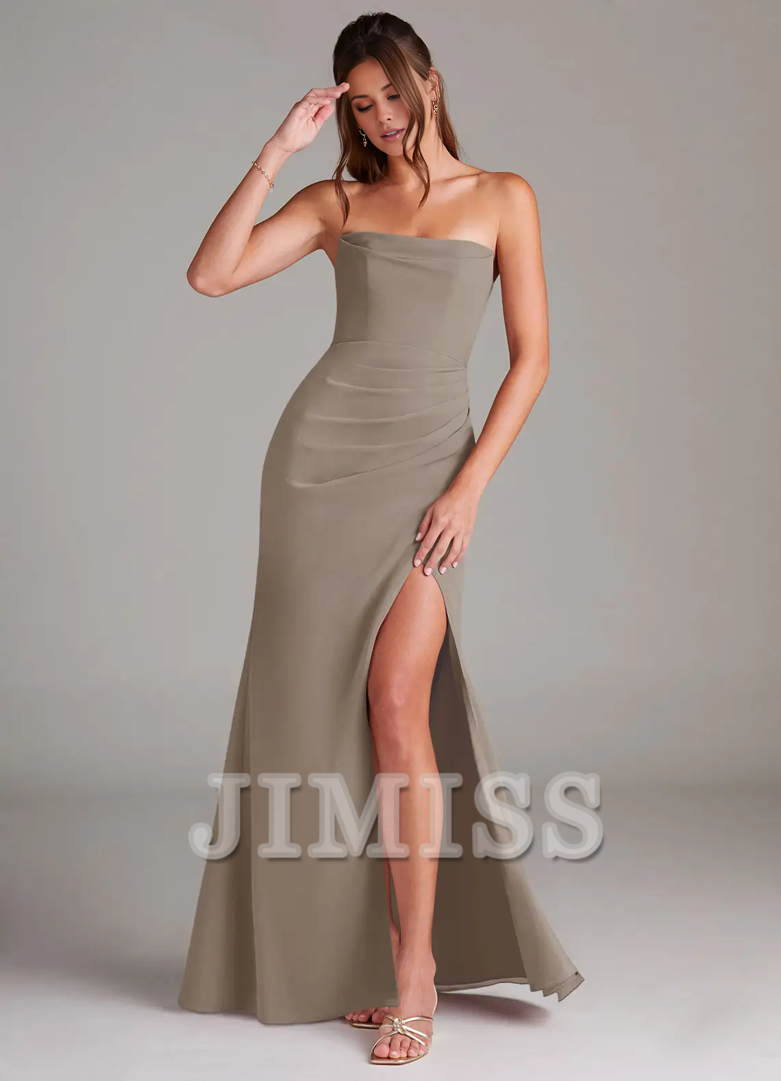 Vestido de dama de honor sin tirantes, con hombros descubiertos, abertura lateral, espalda descubierta y largo hasta el suelo - Vestido Jimiss 