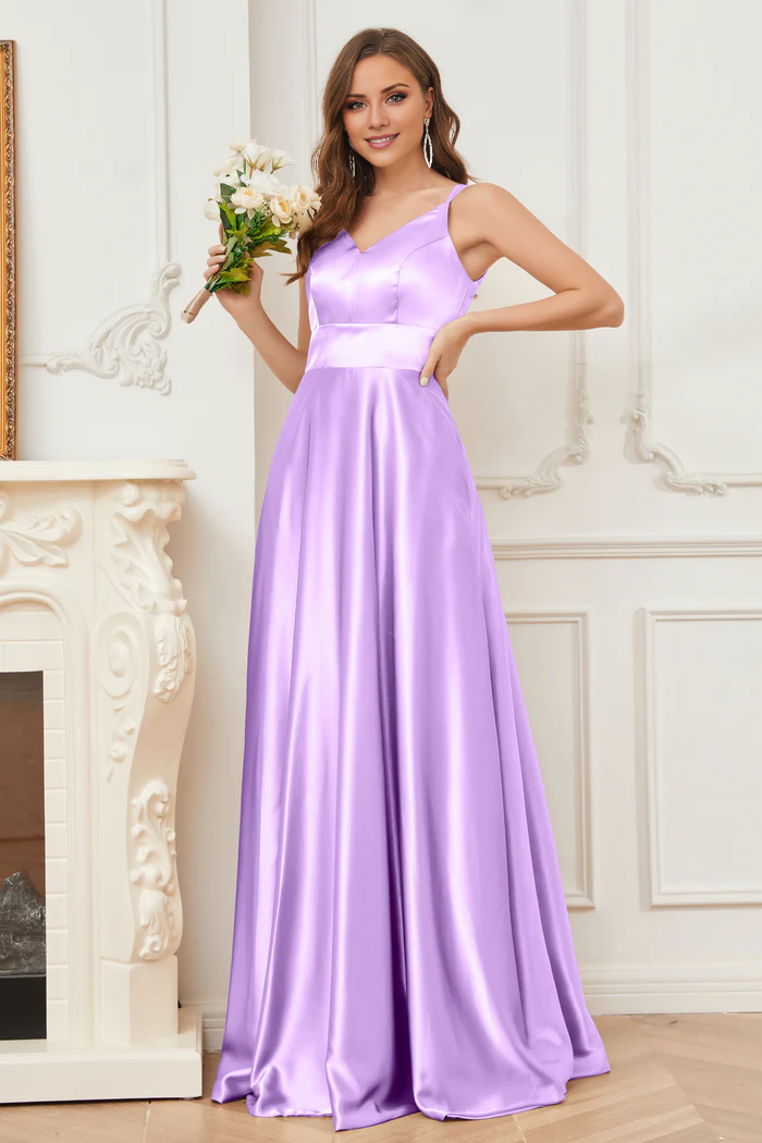 Vestido de dama de honor de satén suave, escote en V y tirantes finos hasta el suelo