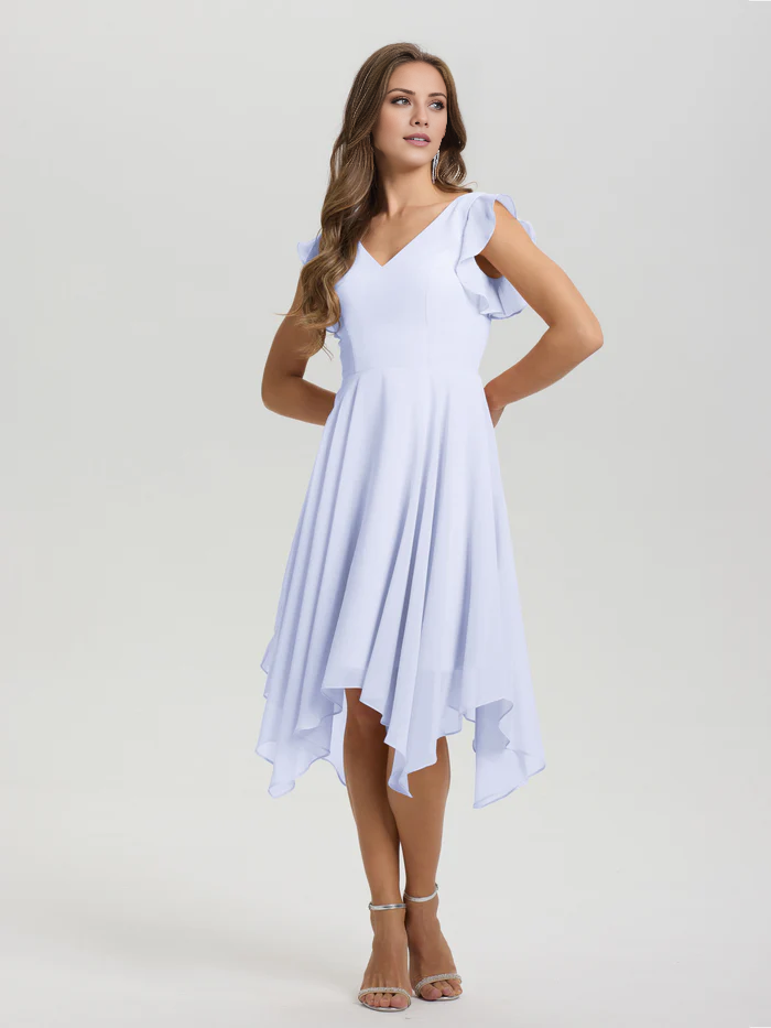 Lotus leaf edge sleeve V-neck asymmetrical tea long chiffon tea long bridesmaid dress