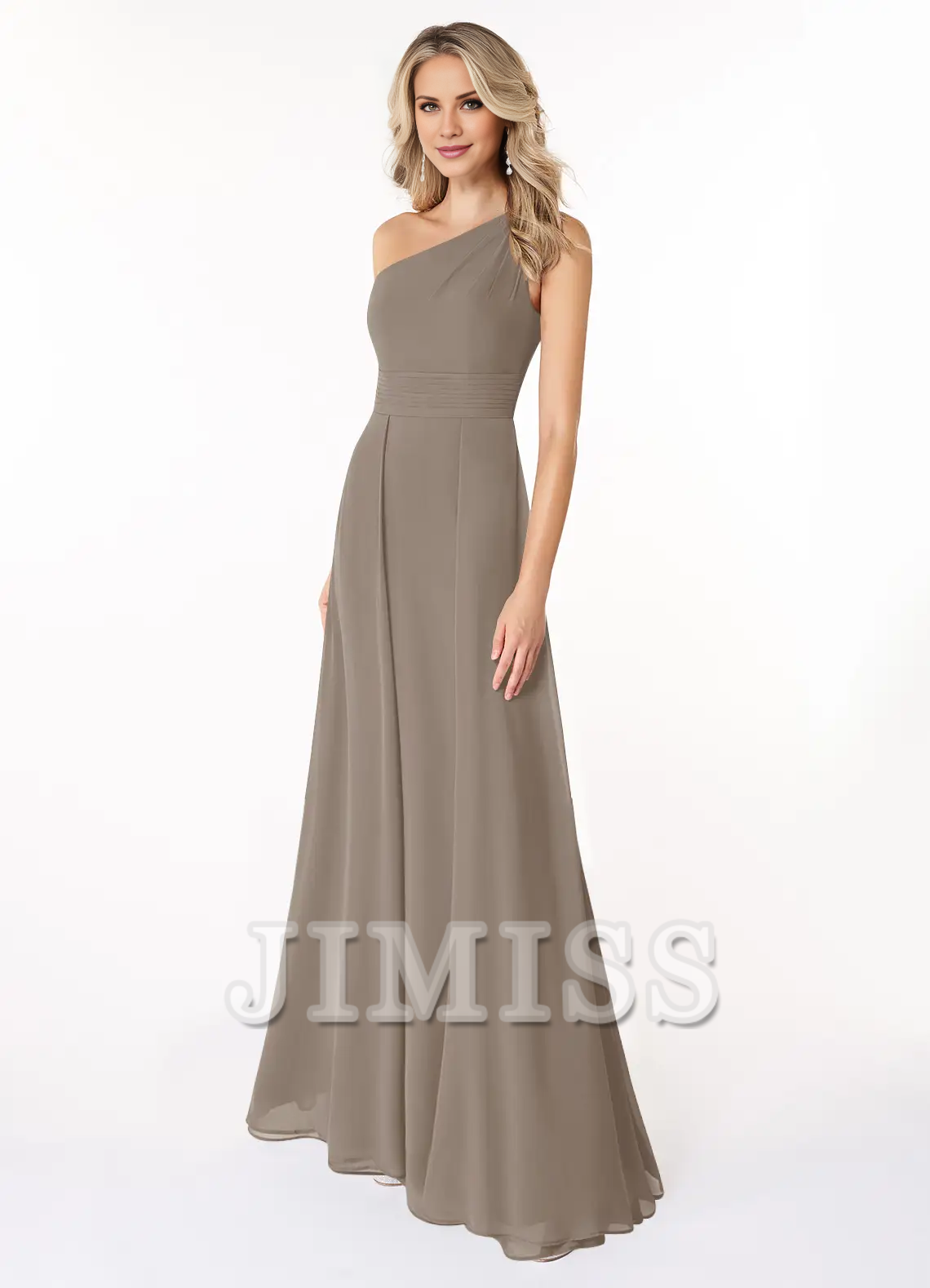 Abito in chiffon con spalle a trapezio e abito da damigella lungo fino al pavimento - Abito Jimiss 