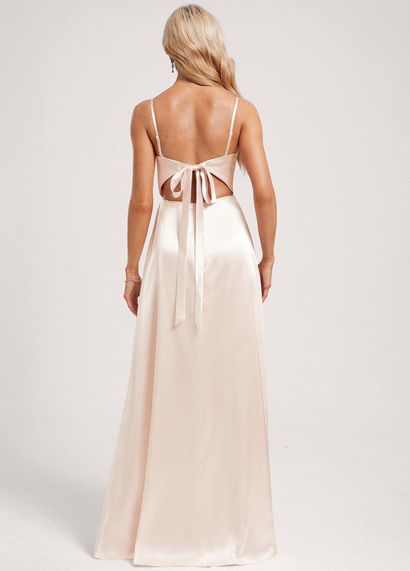 Abito da damigella d'onore lungo fino al pavimento, con scollo a V e fiocco in raso