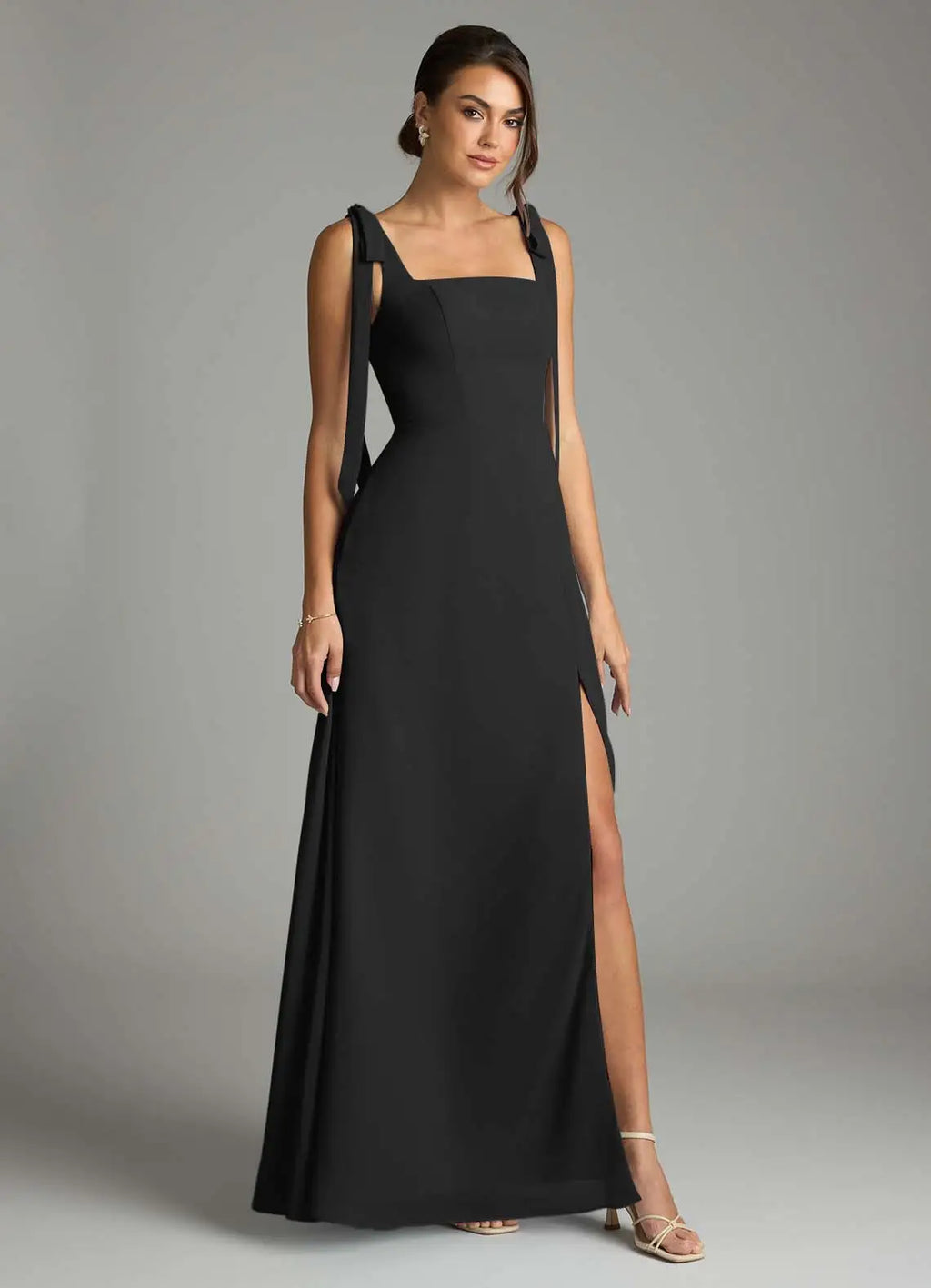 Black Crepe A-Line Square Neck Floor-Length Bridesmaid Dress with Tie-Shoulder Straps